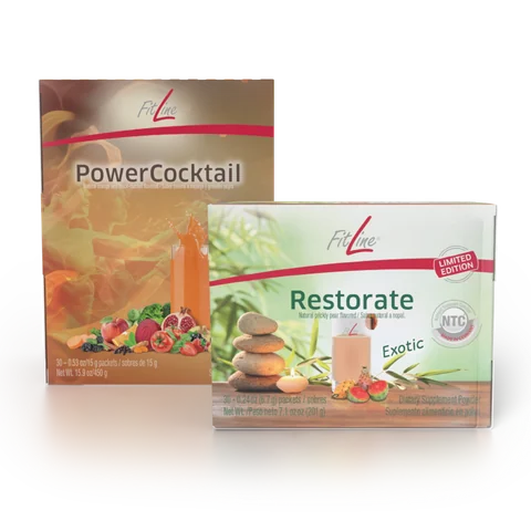 Official FitLine Optimal-Set — PowerCocktail + Restorate Exotic product packshot