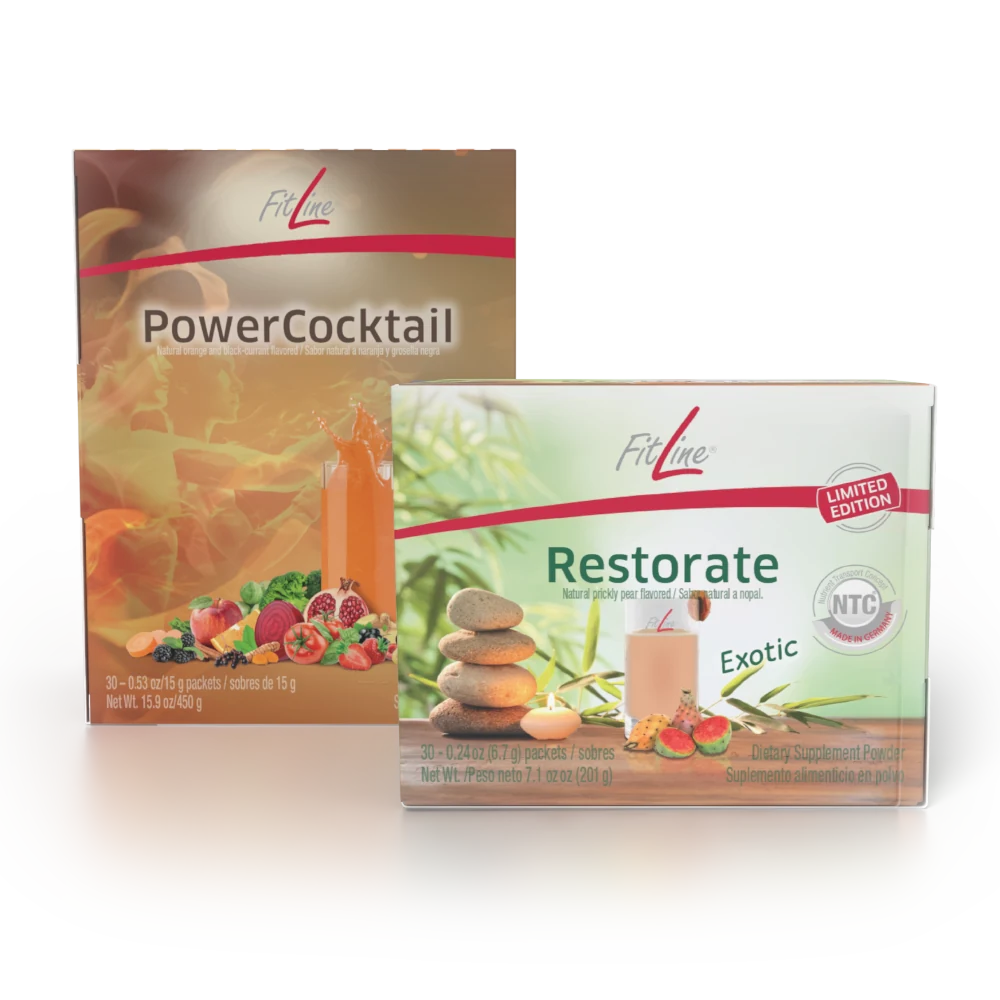 Official FitLine Optimal-Set — PowerCocktail + Restorate Exotic product packshot